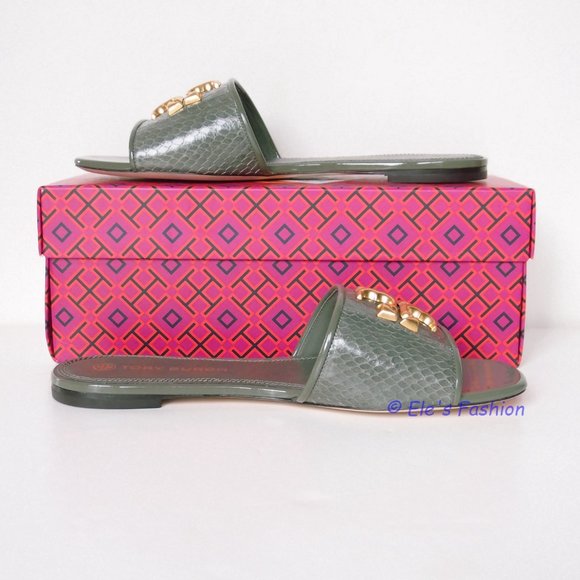 NIB Tory Burch Eleanor Snake Pattern Leather Slide Palm Leaf US 7 AUTHENTIC - Picture 15 of 16
